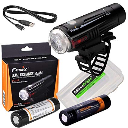 EdisonBright Long duration bundle: Fenix BC21R 880 lumen Dual Distance Beam Cree XM-L2 T6 LED USB rechargeable Bike Bicycle Light, 2 X rechegeable 18650 batteries with BBX3 battery carry case